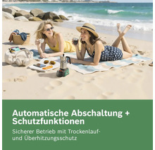 Tragbare Akku-Kaffeemaschine am Strand mit zwei Frauen. Automatische Abschaltung, Trockenlauf- und Überhitzungsschutz für sicheren Betrieb.