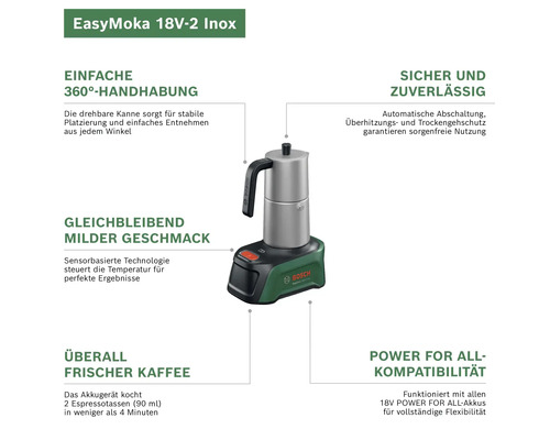Bosch Akku-Espressokocher EasyMoka 18 Volt-2 Inox mit 360 Grad Handhabung, Abschaltautomatik und Power for All Akku-System.
