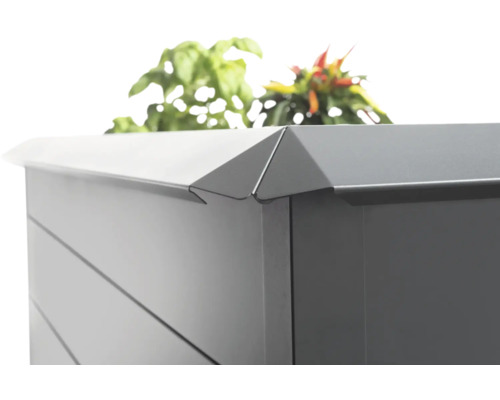 Eckdetail eines Hochbeets aus Metall mit Pflanzen und breitem Kantenschutz.