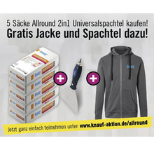 Aktion: 5 Säcke Knauf Allround 2 in 1 Universalspachtel kaufen und eine gratis Jacke mit Knauf Logo sowie einen Spachtel erhalten.