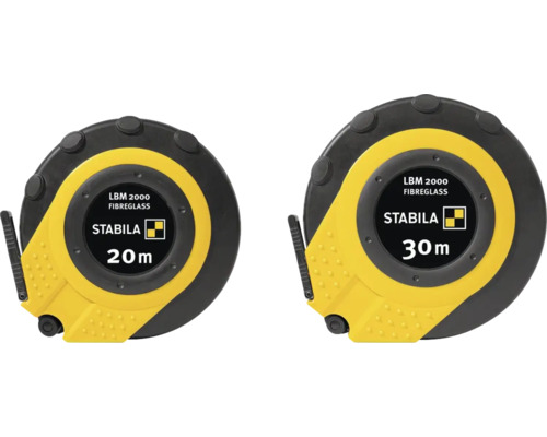 Gelb-schwarzes Stabila LBM 2000 Glasfaser-Maßband in den Längen 20 Meter und 30 Meter.