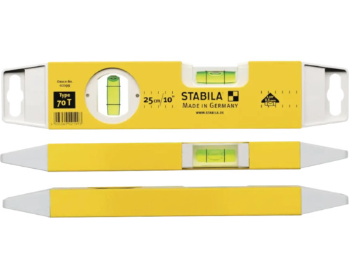 Stabila Wasserwaage Typ 70 T, 25 Zentimeter, mit einer horizontalen und einer vertikalen Libelle.