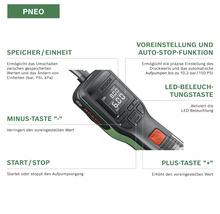 Bosch Akku-Druckluftpumpe mit digitaler Anzeige und Details zu Funktionen wie Speicher, Voreinstellung, Auto-Stop, Beleuchtung, Plus- und Minus-Taste.
