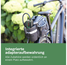 Bosch Akku-Druckluftpumpe in einer Fahrradtasche mit integrierter Aufbewahrung für Zubehör.