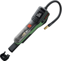 Bosch Akku-Druckluftpumpe mit digitalem Display, Bedientasten, flexiblem Schlauch und integrierter Zubehöraufbewahrung.