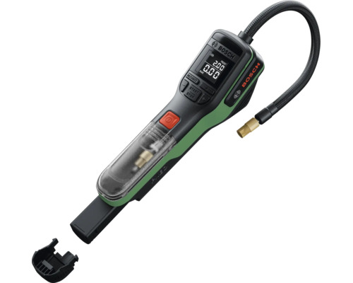 Bosch Akku-Druckluftpumpe mit digitalem Display, Bedientasten, flexiblem Schlauch und integrierter Zubehöraufbewahrung.