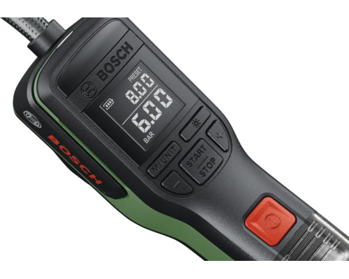 Bosch Akku-Druckluftpumpe EasyPump mit digitalem Display und Bedientasten.