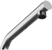 Moderner, zylindrischer, ausziehbarer Wasserhahnauslauf aus Metall mit integriertem Strahlregler.