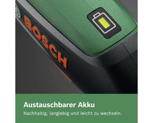 Bosch Logo und Akku-Statusanzeige an einem Gerät mit Hinweis auf einen austauschbaren Akku.