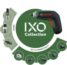 Bosch Logo auf dem IXO Akkuschrauber aus der IXO Collection mit verschiedenen Aufsätzen für Haushalt und Heimwerken.