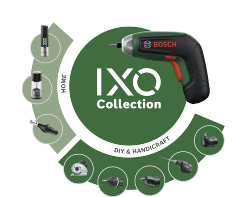 Bosch Logo auf dem IXO Akkuschrauber aus der IXO Collection mit verschiedenen Aufsätzen für Haushalt und Heimwerken.