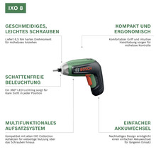 Bosch IXO 8 Akkubohrschrauber mit Details zu Drehmoment, Ergonomie, 360 Grad LED Lichtring, Aufsatzsystem und Akkuwechsel.