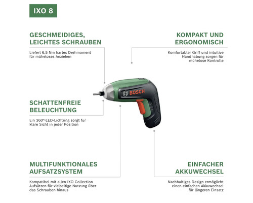 Bosch IXO 8 Akkubohrschrauber mit Details zu Drehmoment, Ergonomie, 360 Grad LED Lichtring, Aufsatzsystem und Akkuwechsel.