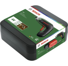 Bosch IXO Akku-Schrauber 4 Volt in Aufbewahrungsbox mit Details zu Drehmoment, Leerlaufdrehzahl und Bosch Logo.
