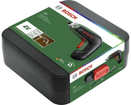 Bosch IXO Akku-Schrauber 4 Volt in Aufbewahrungsbox mit Details zu Drehmoment, Leerlaufdrehzahl und Bosch Logo.