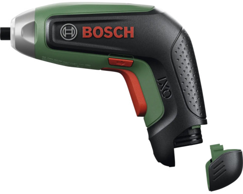 Bosch Akku-Schrauber IXO mit ergonomischem Griff, Drehrichtungsschalter und abnehmbarer Kappe. Bosch Logo.