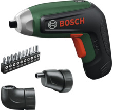 Bosch Akku-Schrauber IXO Set mit Winkelaufsatz, Exzenteraufsatz und zehnteiligem Bit-Set.