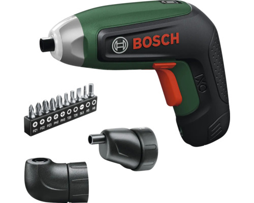 Bosch Akku-Schrauber IXO Set mit Winkelaufsatz, Exzenteraufsatz und zehnteiligem Bit-Set.