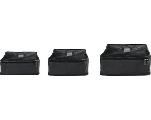 Drei schwarze Reiseorganizer-Taschen in verschiedenen Größen aus Textil mit Reißverschluss.