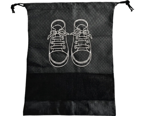 Schuhbeutel mit Kordelzug, Sneaker-Aufdruck und Netzeinsatz.