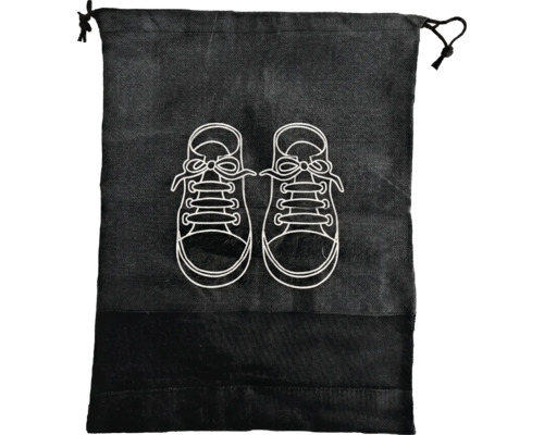 Schwarzer Schuhbeutel aus Textil mit Kordelzug und weißer Illustration eines Schuhpaars.
