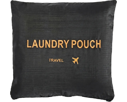 Schwarzer Reise-Wäschesack aus Synthetikgewebe mit Aufschrift Laundry Pouch, Travel und Flugzeugsymbol.