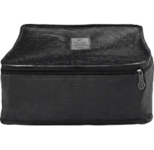 Schwarze, rechteckige Reise-Organisatortasche mit Netzeinsatz oben, Reißverschluss und Travel Belaca Logo.