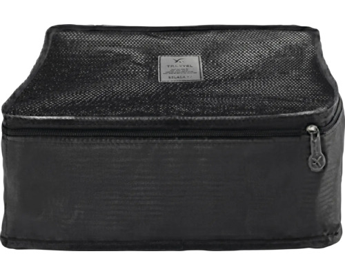 Schwarze, rechteckige Reise-Organisatortasche mit Netzeinsatz oben, Reißverschluss und Travel Belaca Logo.