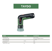 Bosch Akku-Reinigungsbürste Taydo mit 3,6 Volt Lithium-Ionen Akku und Tabelle der technischen Daten. Bosch Logo.