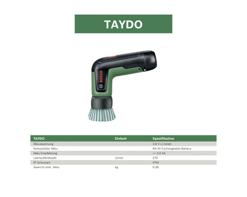 Bosch Akku-Reinigungsbürste Taydo mit 3,6 Volt Lithium-Ionen Akku und Tabelle der technischen Daten. Bosch Logo.