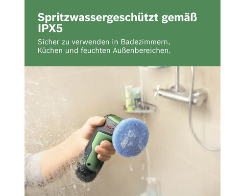Bosch elektrische Reinigungsbürste mit Schutzklasse IPX5, ideal für die Reinigung von nassen Oberflächen im Badezimmer.