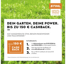 Stihl Cashback Aktion: Bis zu 150 Euro zurück beim Kauf ausgewählter Benzin-Rasenmäher oder Mulchmäher. Stihl Logo und 100 Jahre Jubiläumslogo.