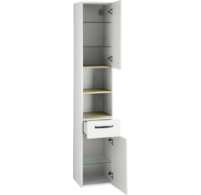 Badezimmer-Hochschrank mit zwei Türen, einer Schublade, Glaseinlegeböden und Regalböden in Eichenoptik.
