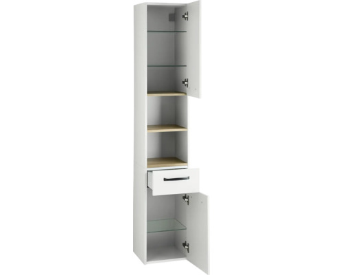Badezimmer-Hochschrank mit zwei Türen, einer Schublade, Glaseinlegeböden und Regalböden in Eichenoptik.
