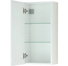 Offener Badezimmer-Hängeschrank in Weiß mit zwei Glasböden und Metallscharnieren.