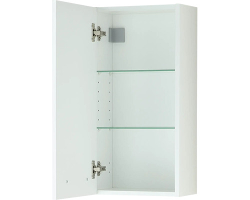 Offener Badezimmer-Hängeschrank in Weiß mit zwei Glasböden und Metallscharnieren.