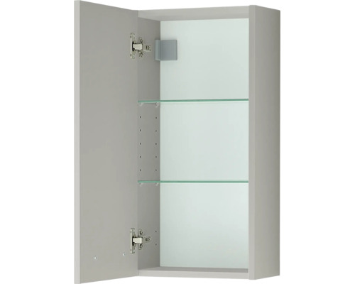 Grauer Hängeschrank mit geöffneter Tür, zwei Einlegeböden aus Glas und Metallscharnieren.