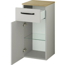 Badezimmerunterschrank mit einer Schublade und einer Tür, inklusive Glaseinlegeboden und oberer Platte in Holzoptik.