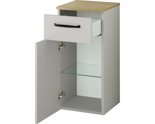 Badezimmerunterschrank mit einer Schublade und einer Tür, inklusive Glaseinlegeboden und oberer Platte in Holzoptik.
