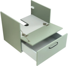 Waschtischunterschrank mit Siphonausschnitt, einer Schublade mit schwarzem Griff und einem Klappfach oben.