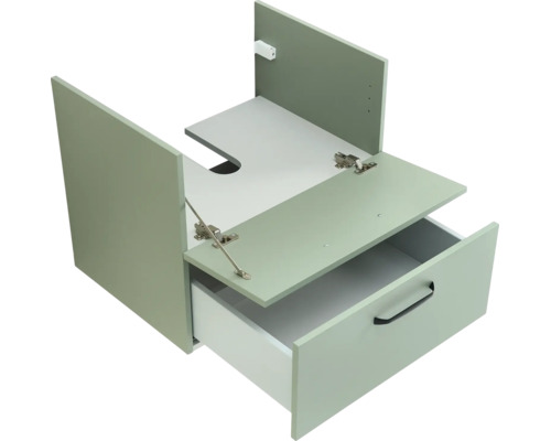 Waschtischunterschrank mit Siphonausschnitt, einer Schublade mit schwarzem Griff und einem Klappfach oben.
