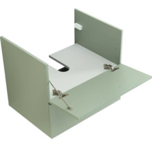 Waschtischunterschrank mit Siphonausschnitt und heruntergeklappter Front.