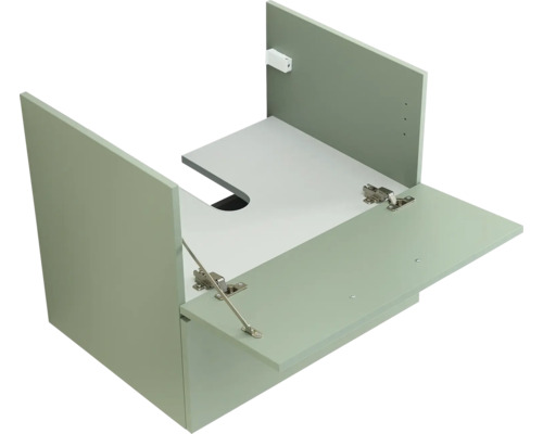 Waschtischunterschrank mit Siphonausschnitt und heruntergeklappter Front.