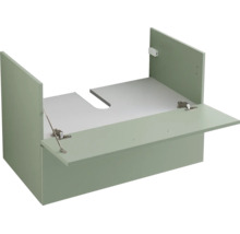 Waschbeckenunterschrank mit Siphonausschnitt und geöffneter Klappe, wandhängend.