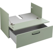 Waschtischunterschrank in Salbeigrün mit einer Schublade, Siphonausschnitt und schwarzem Griff.