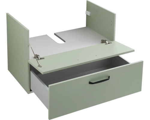 Waschtischunterschrank in Salbeigrün mit einer Schublade, Siphonausschnitt und schwarzem Griff.