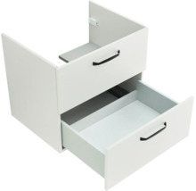 Waschbeckenunterschrank mit zwei Schubladen, untere Schublade geöffnet, weiße Fronten und schwarze Griffe.
