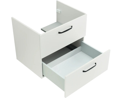 Waschbeckenunterschrank mit zwei Schubladen, untere Schublade geöffnet, weiße Fronten und schwarze Griffe.