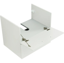 Weißer Waschbeckenunterschrank mit einer Klappe und Siphonausschnitt.
