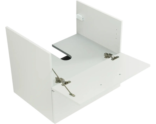 Weißer Waschbeckenunterschrank mit einer Klappe und Siphonausschnitt.